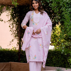 Women BabyPink Brush Paint Straight shape, kurta, pant & Duptta