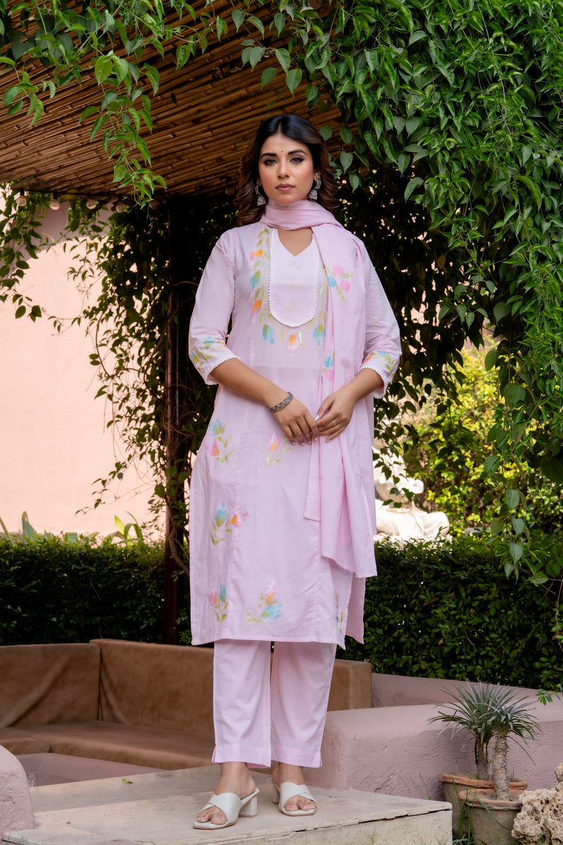 Cotton Schiffli Embroidered Anarkali Kurta Pant and Duptta