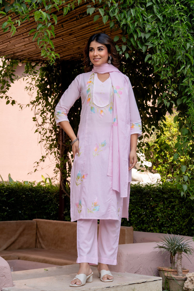 Cotton Schiffli Embroidered Anarkali Kurta Pant and Duptta