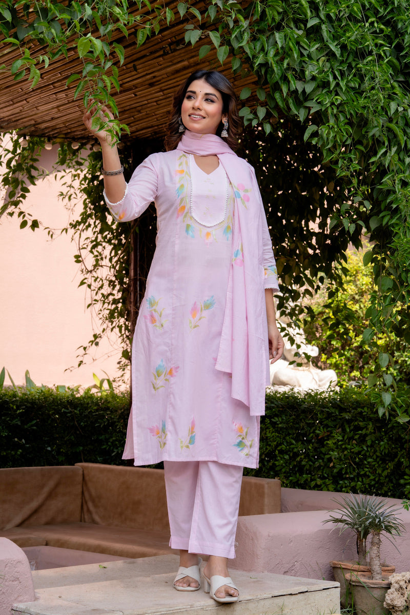 Cotton Schiffli Embroidered Anarkali Kurta Pant and Duptta