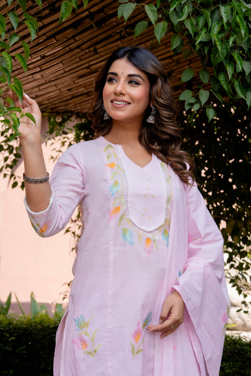 Cotton Schiffli Embroidered Anarkali Kurta Pant and Duptta