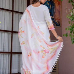 Women White Brush Paint, Anarkali shape, kurta, pant & Duptta