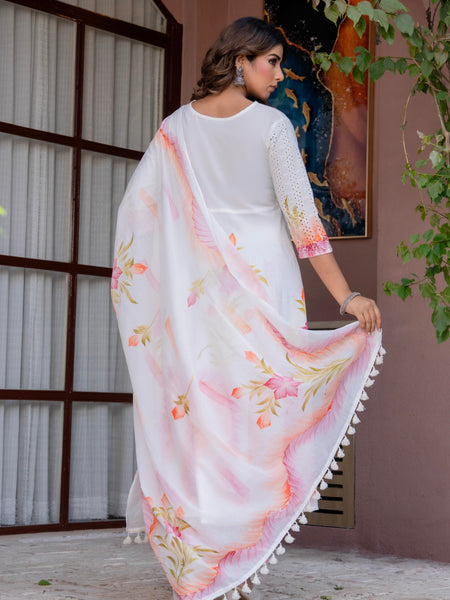 Women White Brush Paint, Anarkali shape, kurta, pant & Duptta