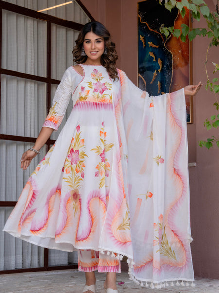 Women White Brush Paint, Anarkali shape, kurta, pant & Duptta