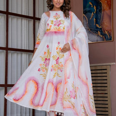 Women White Brush Paint, Anarkali shape, kurta, pant & Duptta