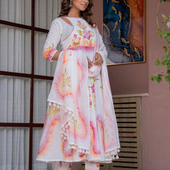 Women White Brush Paint, Anarkali shape, kurta, pant & Duptta