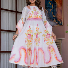 Women White Brush Paint, Anarkali shape, kurta, pant & Duptta