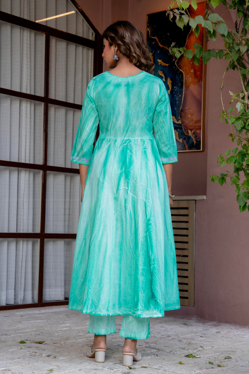 Women Sea Green Tie&Dye and Manual embroidery ,Anarkali shape, kurta, pant & Duptta