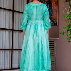 Women Sea Green Tie&Dye and Manual embroidery ,Anarkali shape, kurta, pant & Duptta