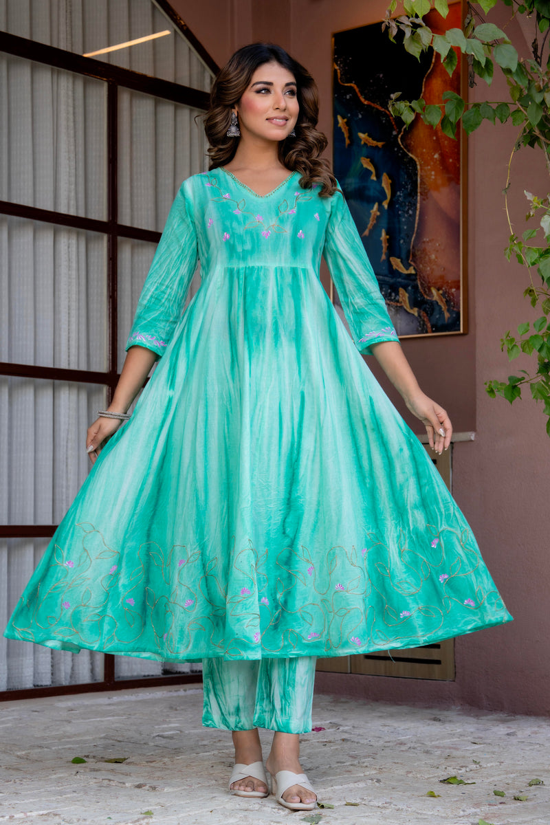Women Sea Green Tie&Dye and Manual embroidery ,Anarkali shape, kurta, pant & Duptta