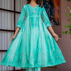 Women Sea Green Tie&Dye and Manual embroidery ,Anarkali shape, kurta, pant & Duptta