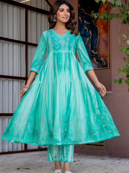 Women Sea Green Tie&Dye and Manual embroidery ,Anarkali shape, kurta, pant & Duptta