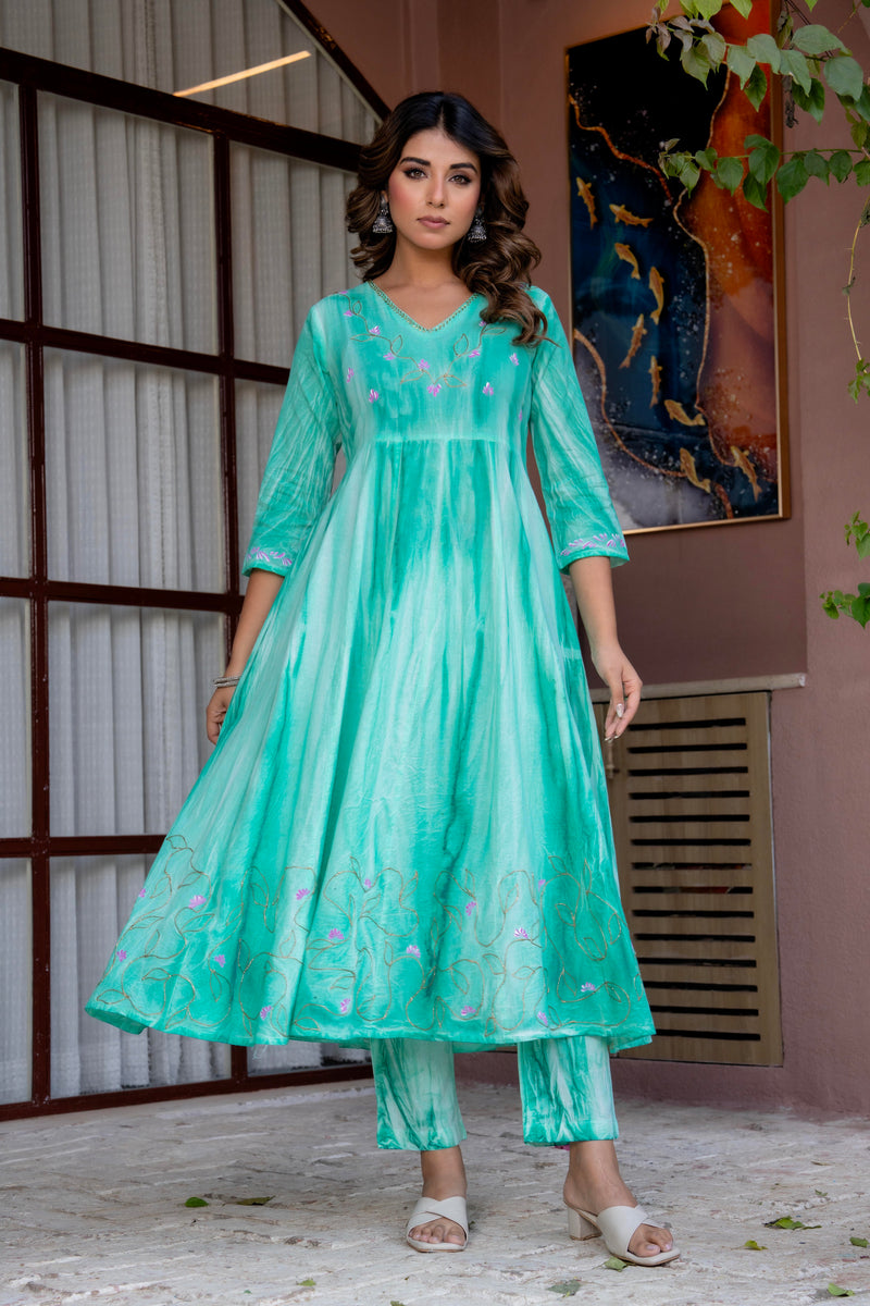 Women Sea Green Tie&Dye and Manual embroidery ,Anarkali shape, kurta, pant & Duptta