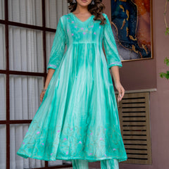 Women Sea Green Tie&Dye and Manual embroidery ,Anarkali shape, kurta, pant & Duptta