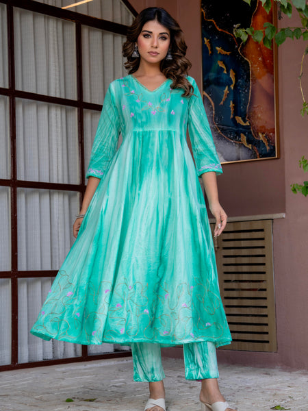 Women Sea Green Tie&Dye and Manual embroidery ,Anarkali shape, kurta, pant & Duptta