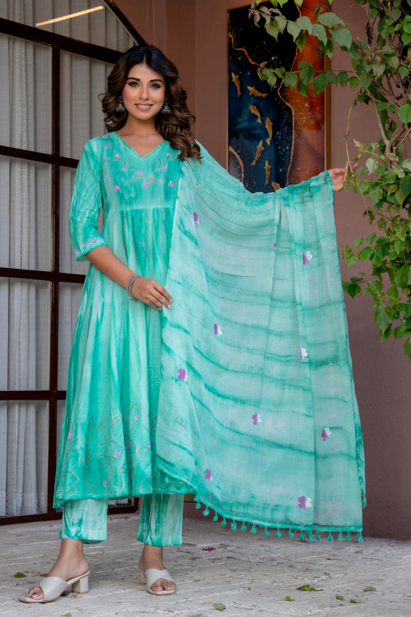 Women Sea Green Tie&Dye and Manual embroidery ,Anarkali shape, kurta, pant & Duptta