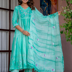 Women Sea Green Tie&Dye and Manual embroidery ,Anarkali shape, kurta, pant & Duptta