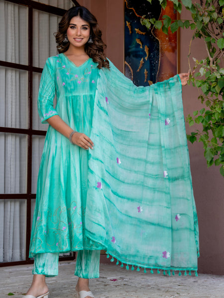 Women Sea Green Tie&Dye and Manual embroidery ,Anarkali shape, kurta, pant & Duptta