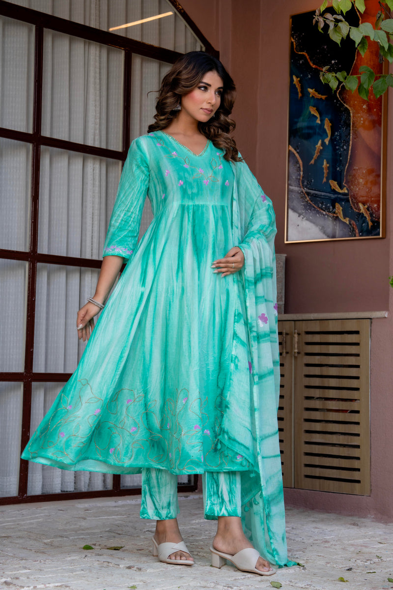 Women Sea Green Tie&Dye and Manual embroidery ,Anarkali shape, kurta, pant & Duptta