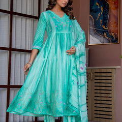 Women Sea Green Tie&Dye and Manual embroidery ,Anarkali shape, kurta, pant & Duptta