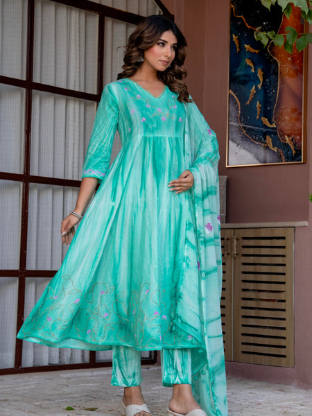 Women Sea Green Tie&Dye and Manual embroidery ,Anarkali shape, kurta, pant & Duptta