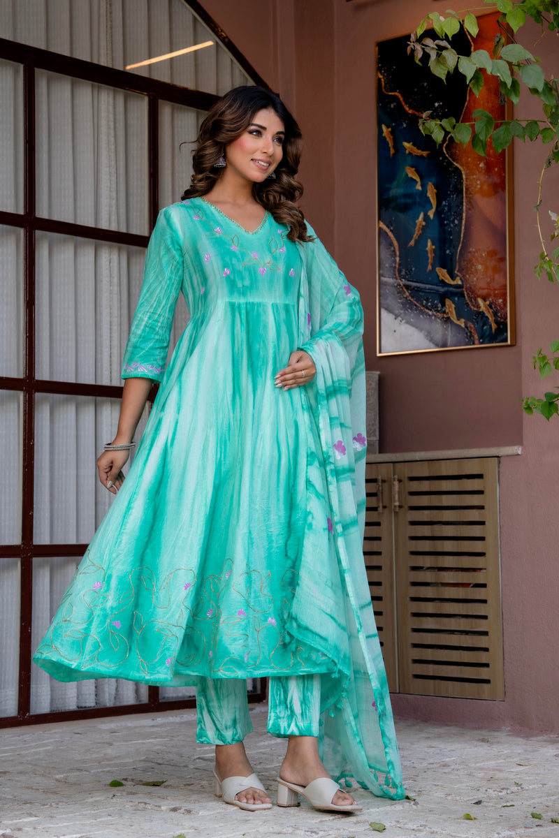 Women Sea Green Tie&Dye and Manual embroidery ,Anarkali shape, kurta, pant & Duptta