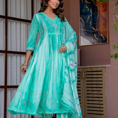 Women Sea Green Tie&Dye and Manual embroidery ,Anarkali shape, kurta, pant & Duptta