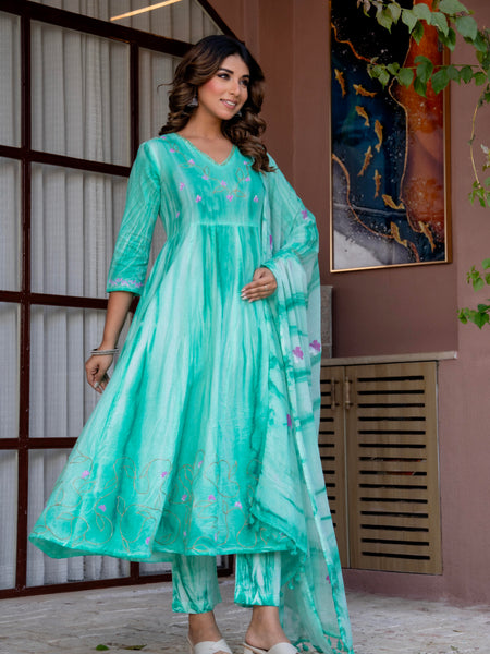 Women Sea Green Tie&Dye and Manual embroidery ,Anarkali shape, kurta, pant & Duptta