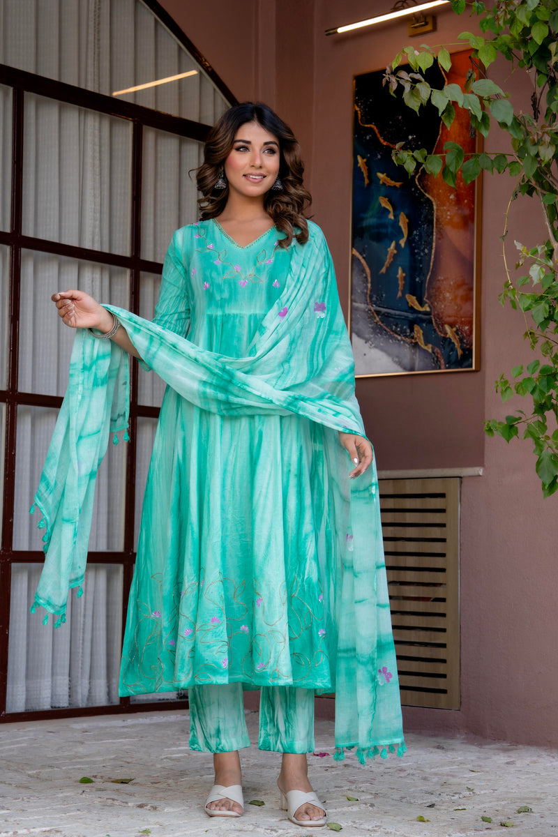 Women Sea Green Tie&Dye and Manual embroidery ,Anarkali shape, kurta, pant & Duptta