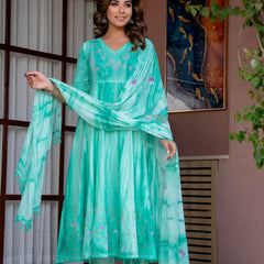 Women Sea Green Tie&Dye and Manual embroidery ,Anarkali shape, kurta, pant & Duptta