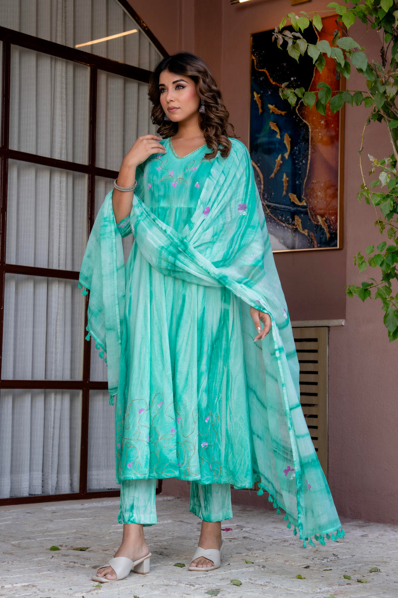 Women Sea Green Tie&Dye and Manual embroidery ,Anarkali shape, kurta, pant & Duptta