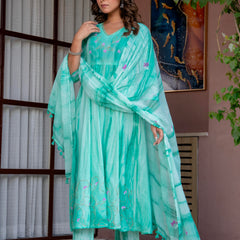 Women Sea Green Tie&Dye and Manual embroidery ,Anarkali shape, kurta, pant & Duptta
