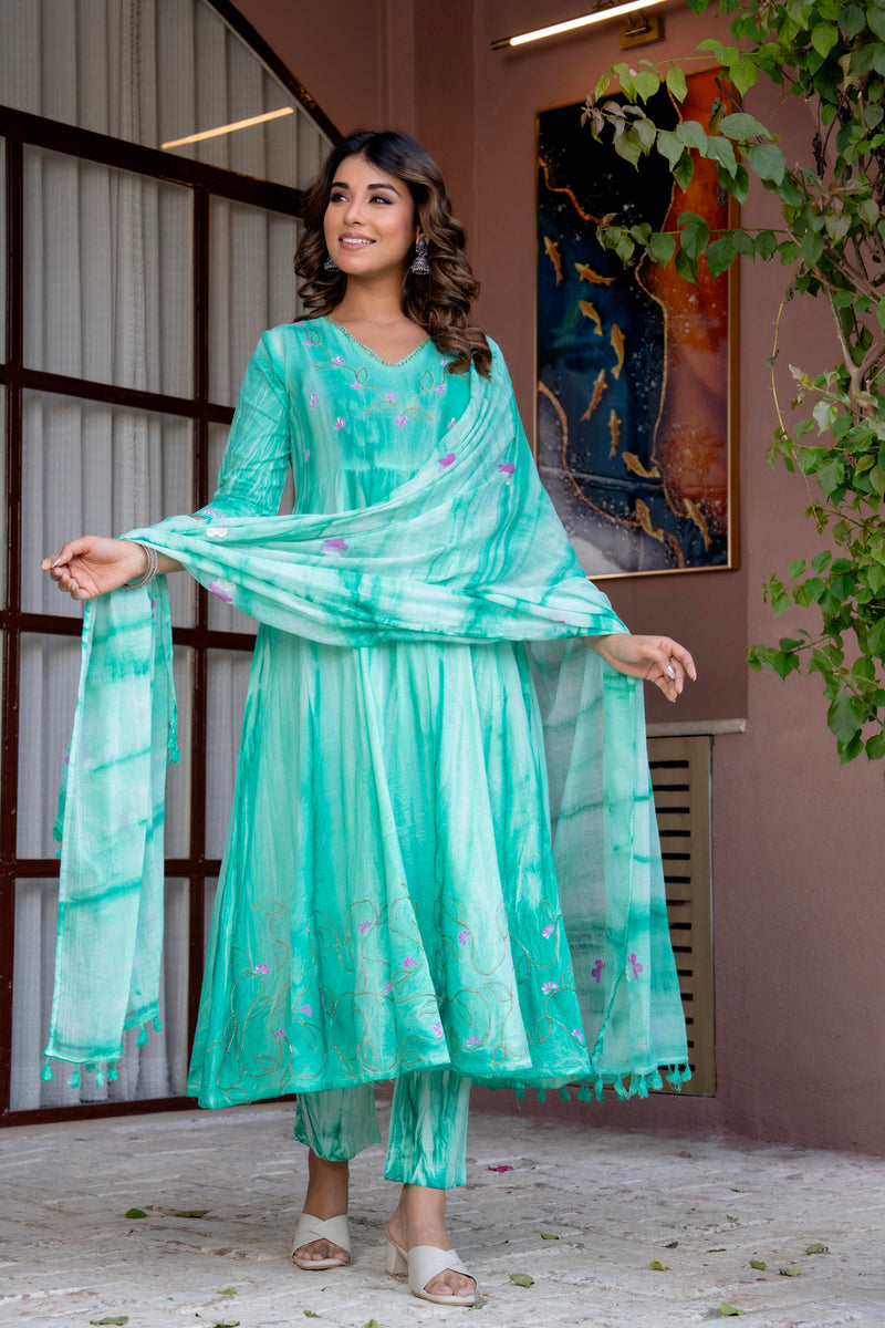 Women Sea Green Tie&Dye and Manual embroidery ,Anarkali shape, kurta, pant & Duptta