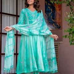 Women Sea Green Tie&Dye and Manual embroidery ,Anarkali shape, kurta, pant & Duptta