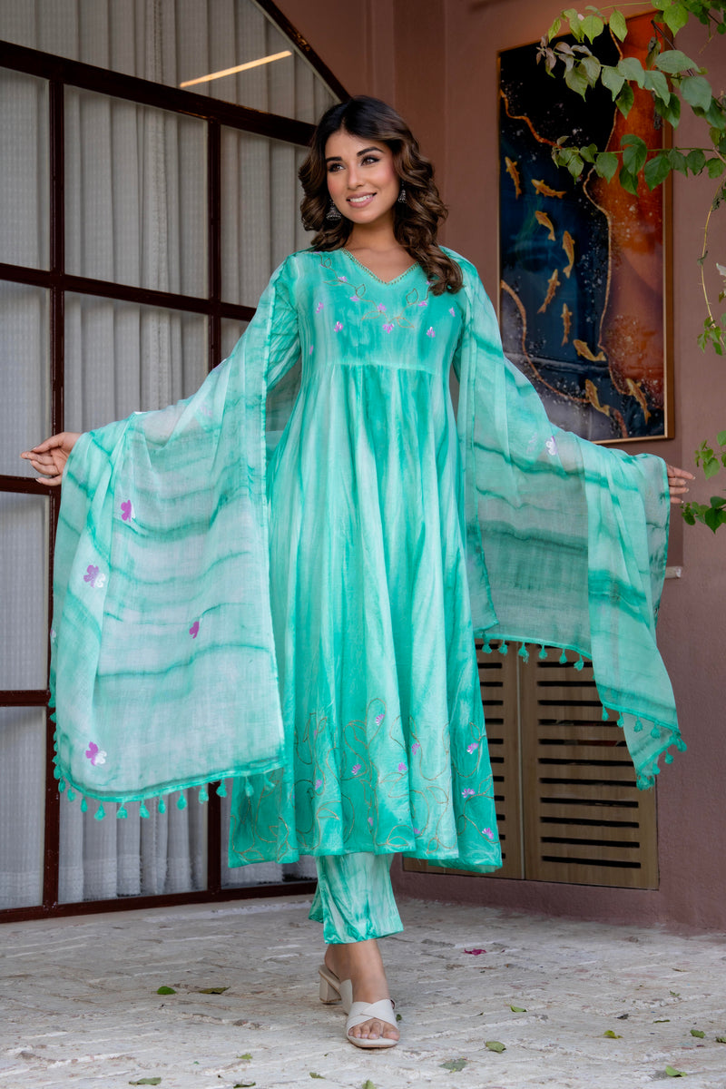 Women Sea Green Tie&Dye and Manual embroidery ,Anarkali shape, kurta, pant & Duptta