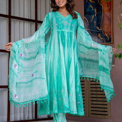 Women Sea Green Tie&Dye and Manual embroidery ,Anarkali shape, kurta, pant & Duptta