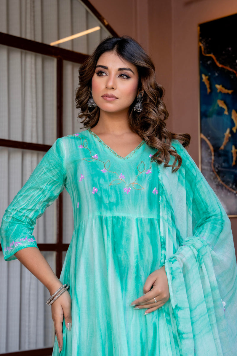 Women Sea Green Tie&Dye and Manual embroidery ,Anarkali shape, kurta, pant & Duptta