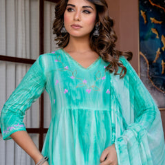 Women Sea Green Tie&Dye and Manual embroidery ,Anarkali shape, kurta, pant & Duptta