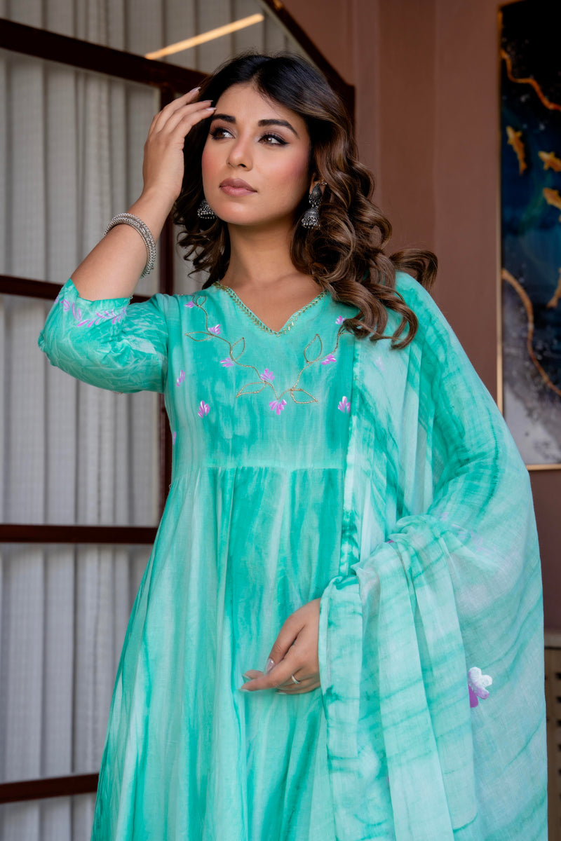 Women Sea Green Tie&Dye and Manual embroidery ,Anarkali shape, kurta, pant & Duptta