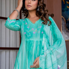 Women Sea Green Tie&Dye and Manual embroidery ,Anarkali shape, kurta, pant & Duptta