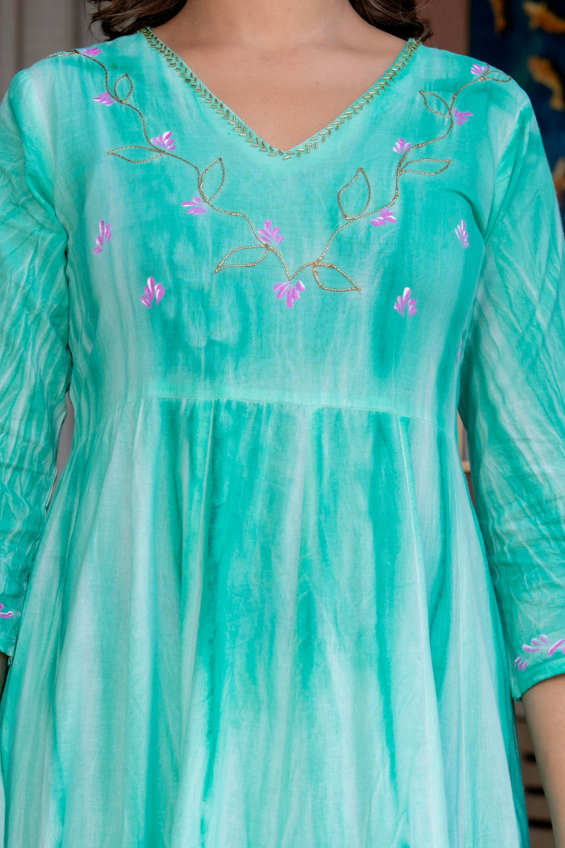 Women Sea Green Tie&Dye and Manual embroidery ,Anarkali shape, kurta, pant & Duptta