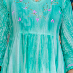 Women Sea Green Tie&Dye and Manual embroidery ,Anarkali shape, kurta, pant & Duptta