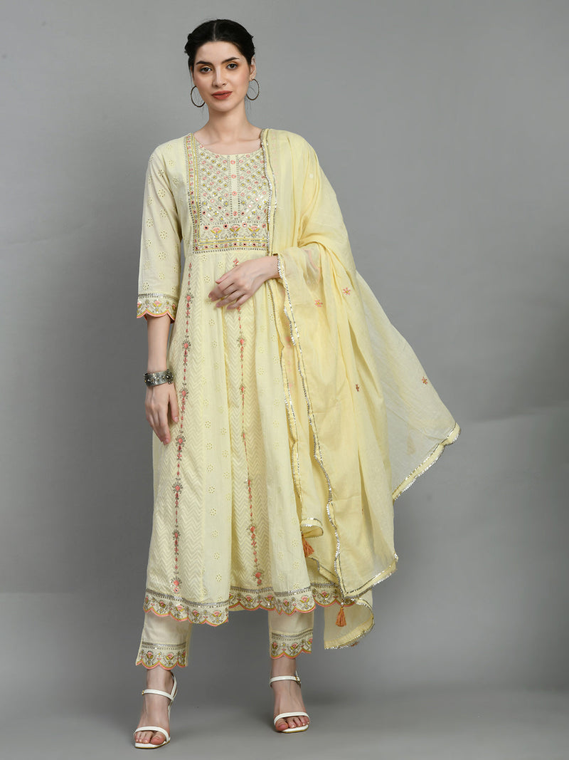 Cotton Schiffli Thread Work  and  Sequined Kurta,Pant  and  Dupatta