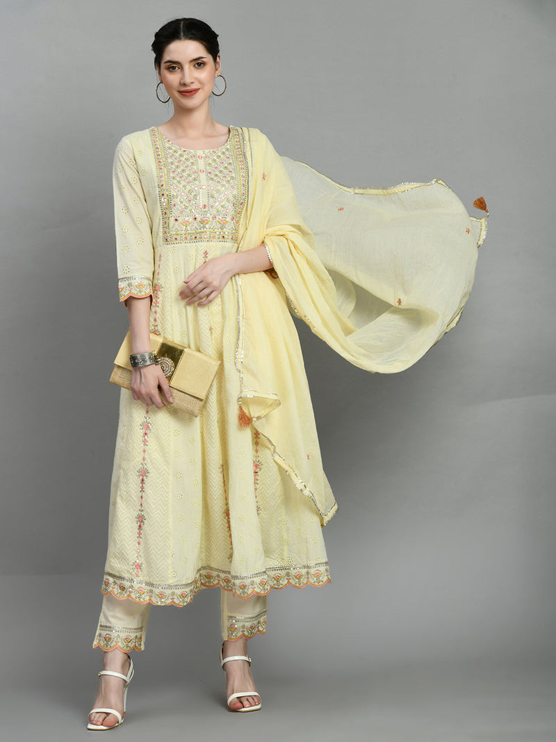 Cotton Schiffli Thread Work  and  Sequined Kurta,Pant  and  Dupatta