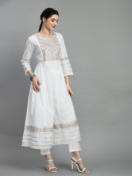 Cotton Schiffli Thread Work and Sequined Kurta, Pant and Dupatta