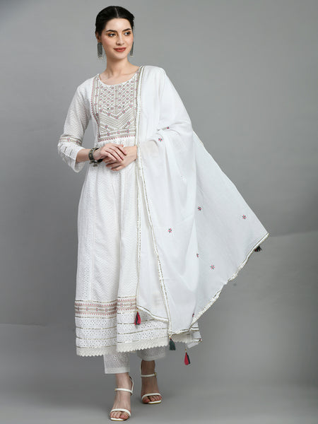 Cotton Schiffli Thread Work and Sequined Kurta, Pant and Dupatta