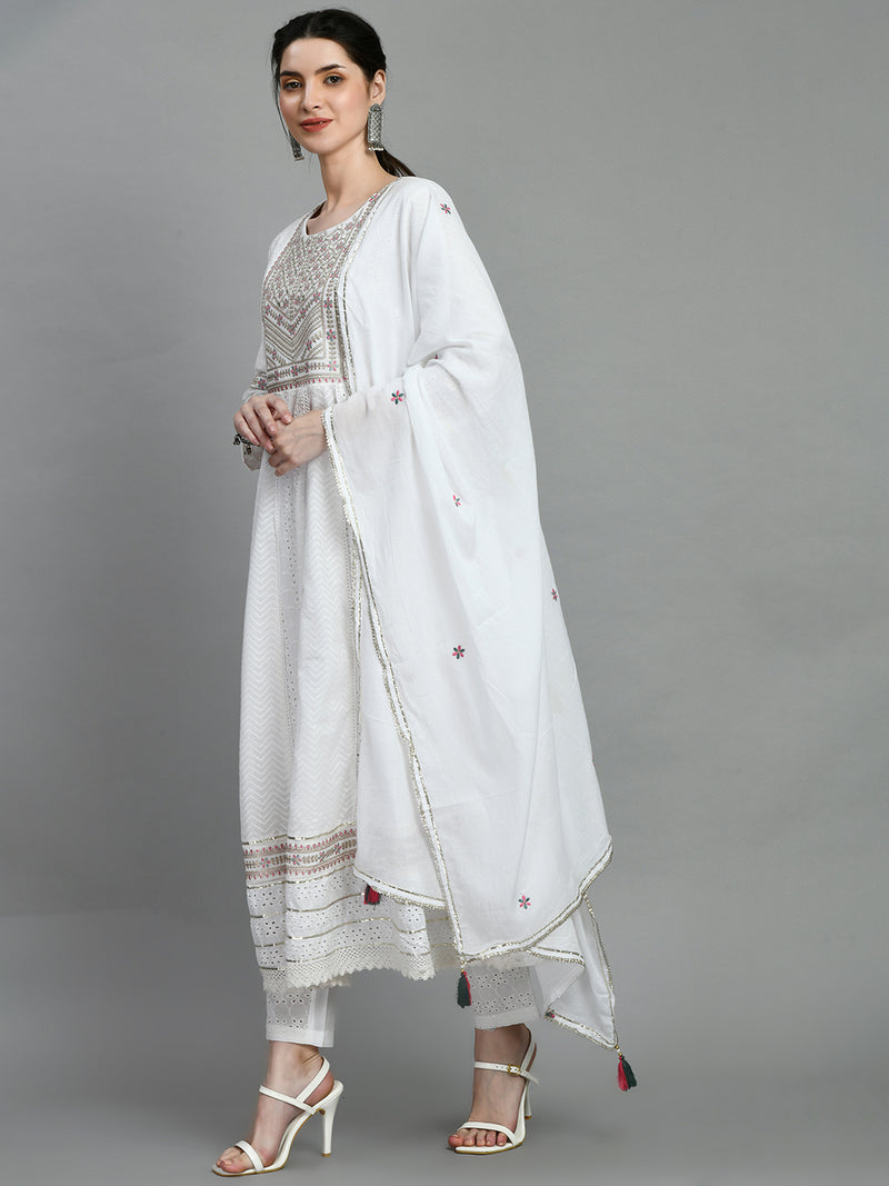 Cotton Schiffli Thread Work and Sequined Kurta, Pant and Dupatta
