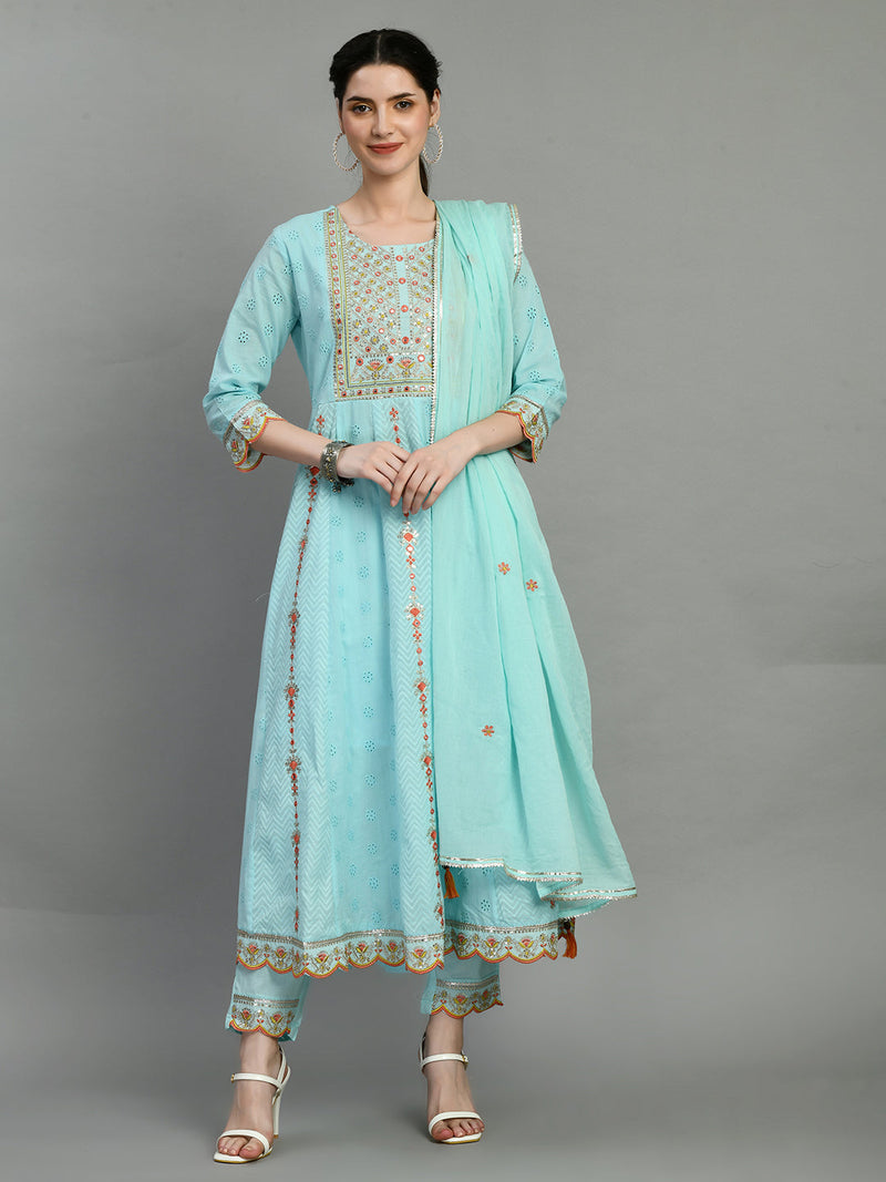 Cotton Schiffli Thread Work  and  Sequined Kurta,Pant  and  Dupatta