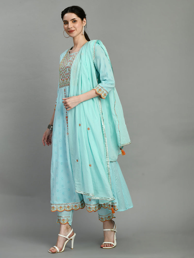 Cotton Schiffli Thread Work  and  Sequined Kurta,Pant  and  Dupatta