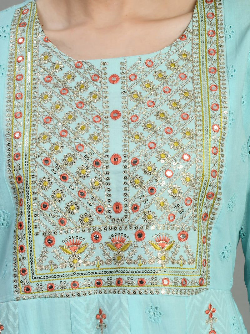 Cotton Schiffli Thread Work  and  Sequined Kurta,Pant  and  Dupatta